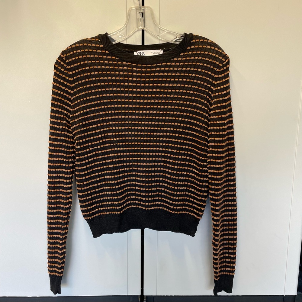 Zara Striped Long Sleeve Cropped Sweater Blouse- Small